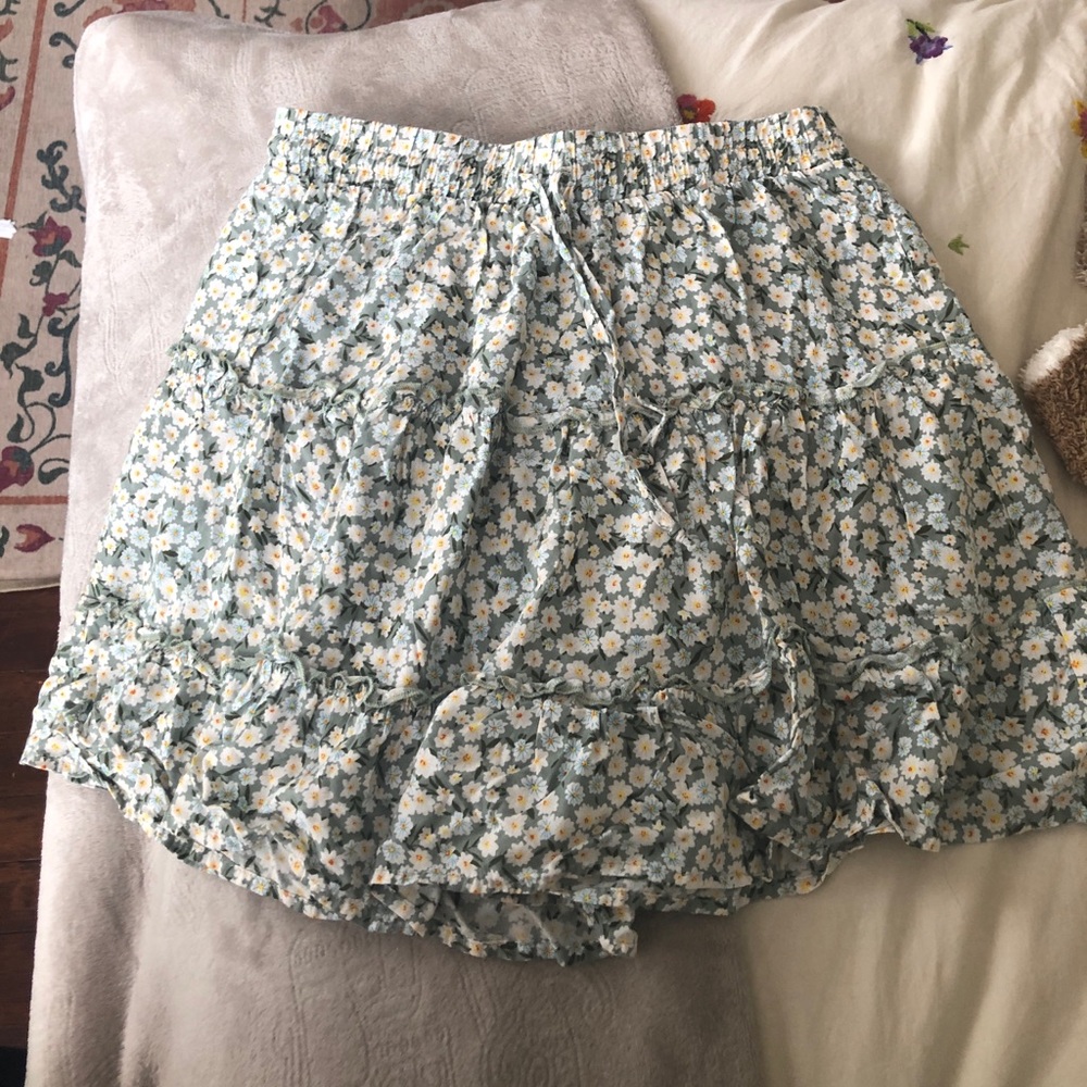 Sage green with white flowers ruffle skirt